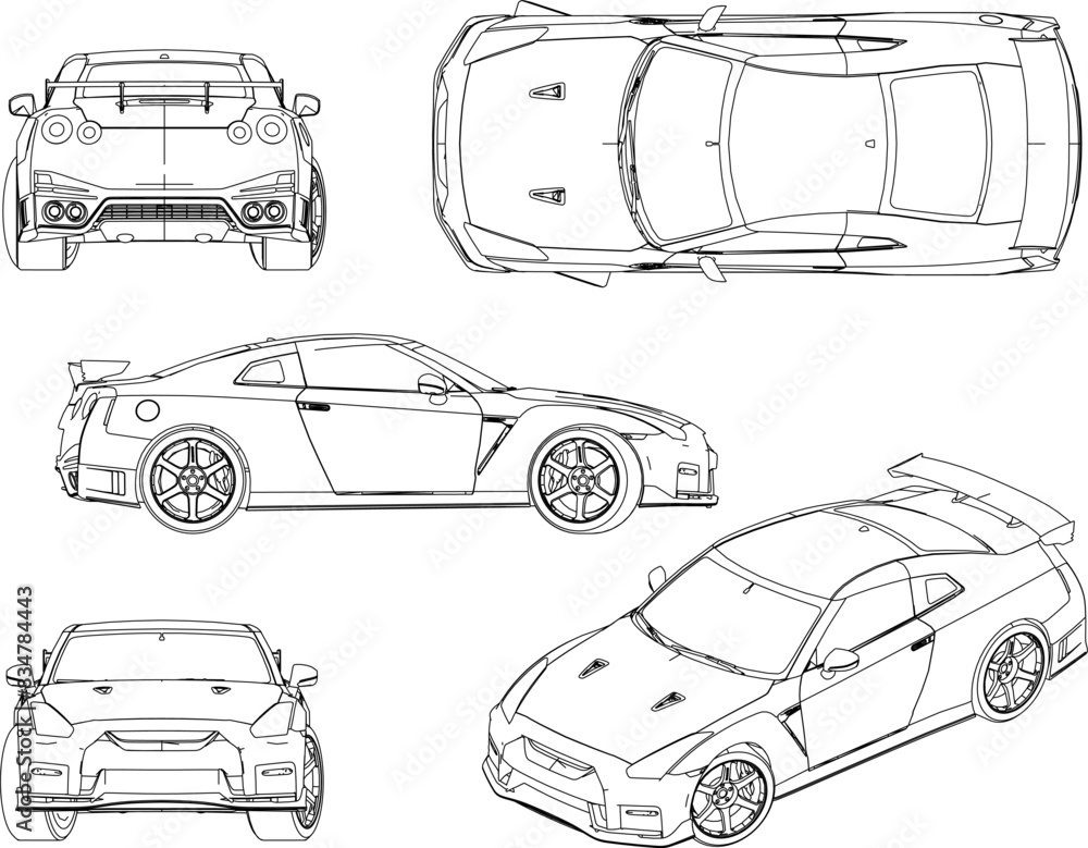 Obraz premium Sketch illustration vector detailed design drawing of flat sports racing car, exclusive model for the Crazy Rich collection