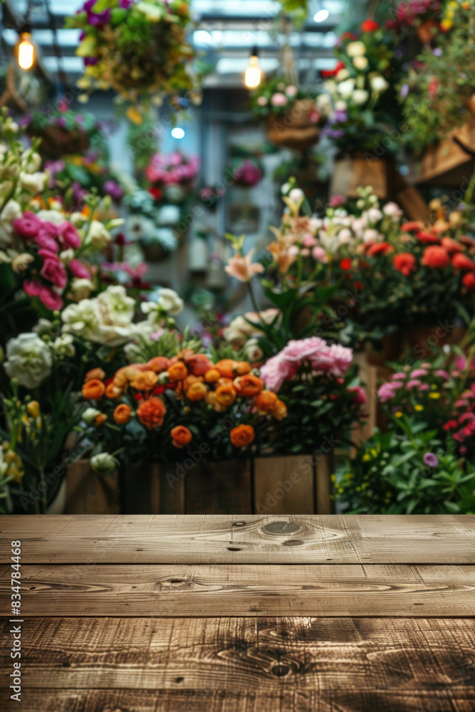 Naklejka premium A wooden counter in the foreground with a blurred background of a flower shop. The background features various bouquets, potted plants, floral arrangements, and a colorful, fragrant display.