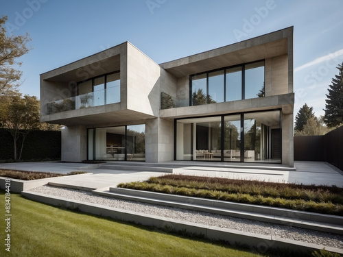 A stylish modern house built with exposed concrete walls and expansive windows. © Saktanong