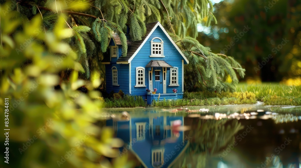 A quaint blue toy house partially hidden under a low-hanging willow, with a small pond in the foreground, symbolizing peace and tranquility in home life. A quaint blue toy house partially hidden under a low-hanging willow, with a small pond in the foreground, symbolizing peace and tranquility in home life.