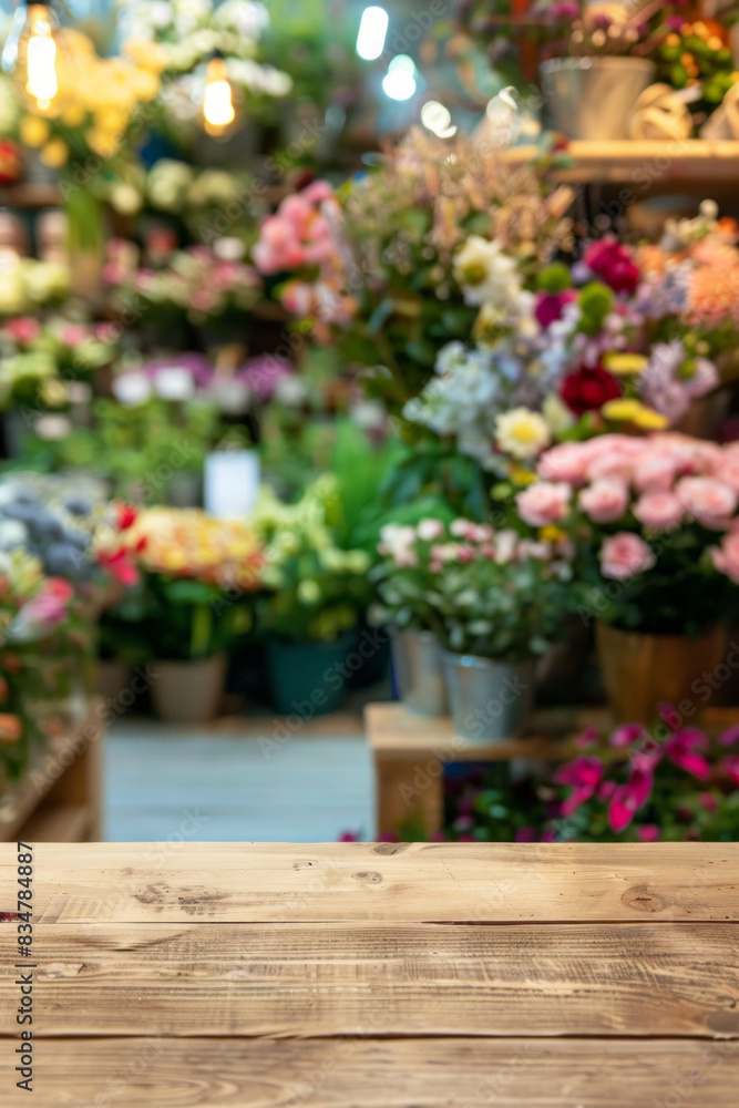 Fototapeta premium A wooden counter in the foreground with a blurred background of a flower shop. The background features various bouquets, potted plants, floral arrangements, and a colorful, fragrant display.