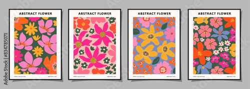 Set of abstract groovy floral posters. Trendy botanical wall art with flower design print in vibrant colors. Modern naive for interior decor, cover, card, template, banner, wallpaper and background.