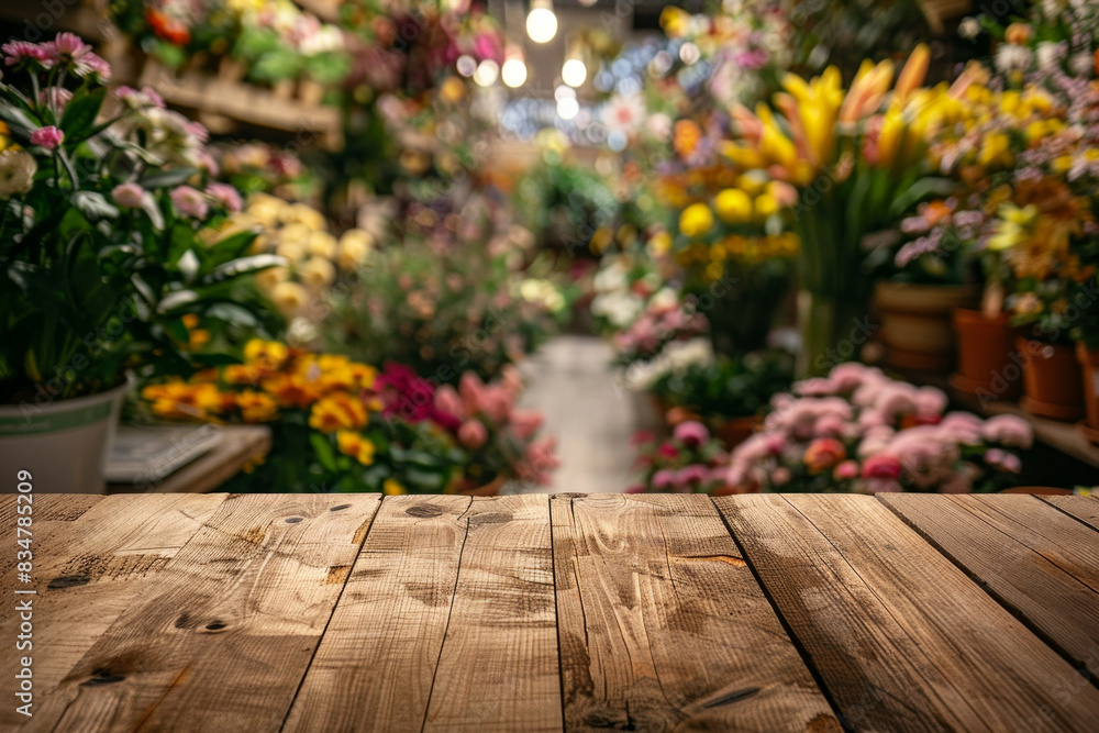 A wooden counter in the foreground with a blurred background of a flower shop. The background features various bouquets, potted plants, floral arrangements, and a colorful, fragrant display. A wooden counter in the foreground with a blurred background of a flower shop. The background features various bouquets, potted plants, floral arrangements, and a colorful, fragrant display.