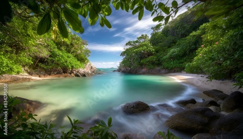 A secluded cove framed by lush greenery  inviting you to dive into its refreshing waters.
