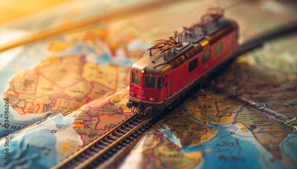 A model train set on a map, illustrating concepts of rail ...