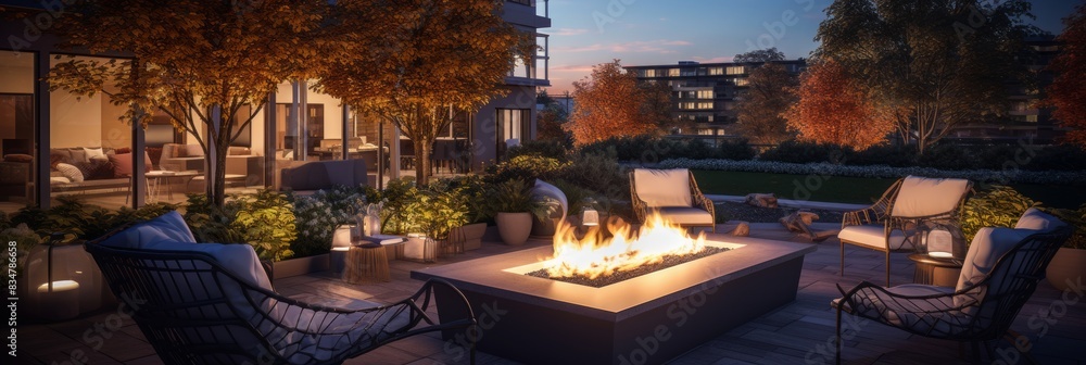 outdoor seating area with several chairs arranged around a fire pit on residential house terrace outdoor seating area with several chairs arranged around a fire pit on residential house terrace