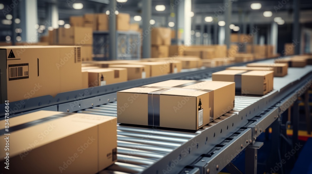 Many packages are transported on a conveyor belt for delivery Many packages are transported on a conveyor belt for delivery
