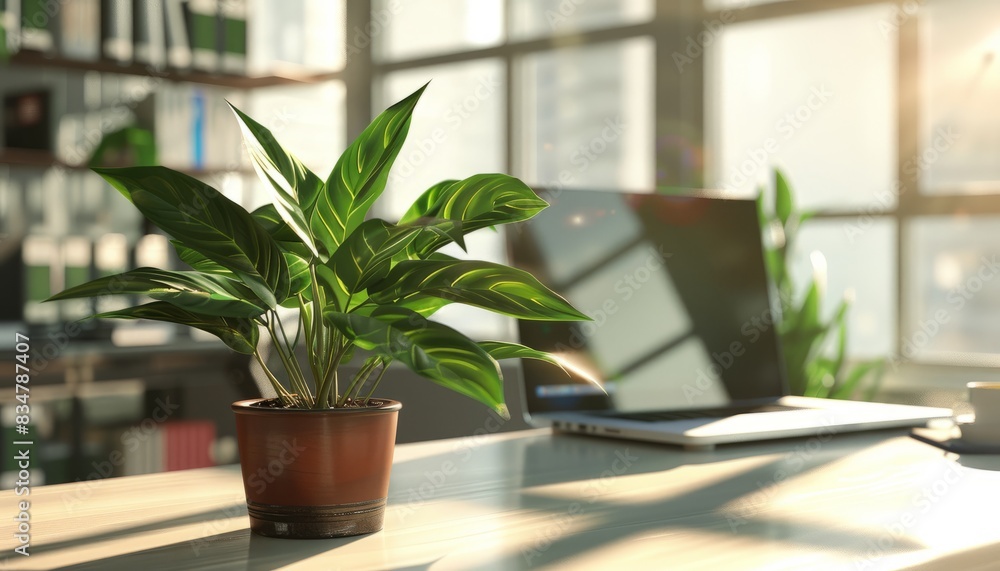 A green potted plant beside an open laptop in a bright modern office environment, illustrating productivity and nature, with space for text A green potted plant beside an open laptop in a bright modern office environment, illustrating productivity and nature, with space for text