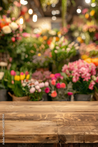 Wallpaper Mural A wooden counter in the foreground with a blurred background of a flower shop. The background features various bouquets, potted plants, floral arrangements, and a colorful, fragrant display. Torontodigital.ca