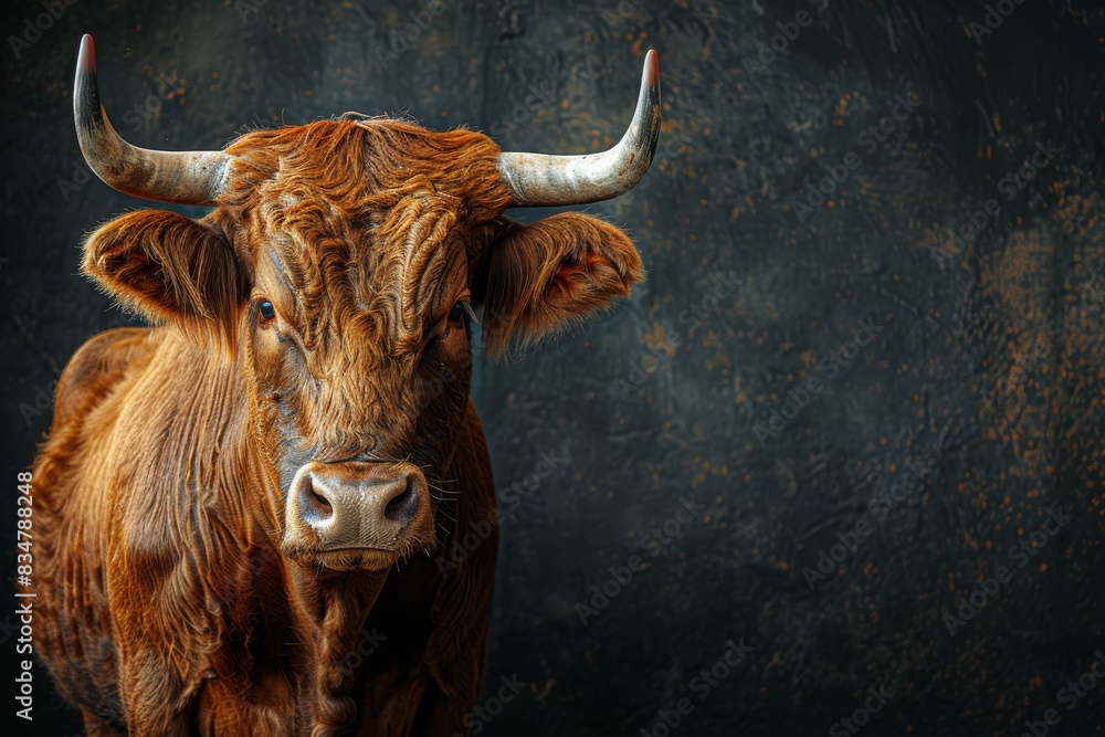 Naklejka premium Brown cow with horns or buffalo on a black background, copy space