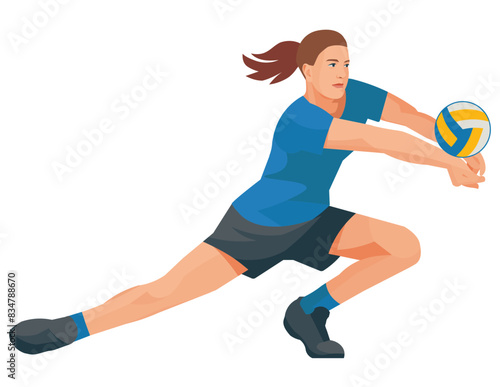 Girl figure of women's volleyball player in blue uniform who crouches down and hits the ball