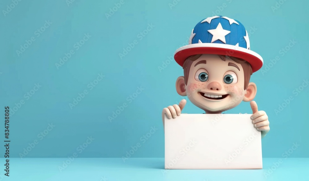 Joyful Cartoon Boy with Patriotic Hat Pointing and Smiling, Full of Cheer, Generative ai Joyful Cartoon Boy with Patriotic Hat Pointing and Smiling, Full of Cheer, Generative ai