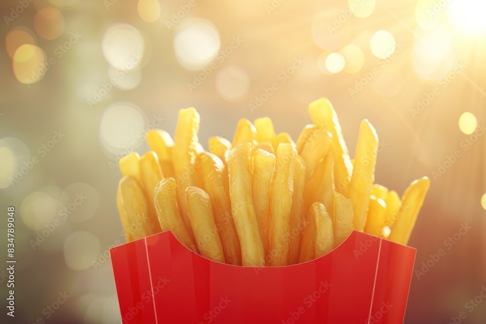 Crispy Golden French Fries in a Classic Red Carton Against a Blurry Lights Background Generative AI Crispy Golden French Fries in a Classic Red Carton Against a Blurry Lights Background Generative AI
