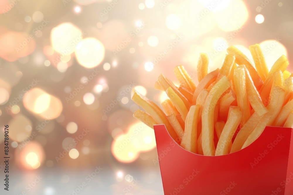 Crispy Golden French Fries in a Classic Red Carton Against a Blurry Lights Background Generative AI Crispy Golden French Fries in a Classic Red Carton Against a Blurry Lights Background Generative AI