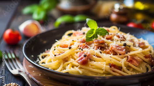 Spaghetti alla Carbonara  A rich Roman dish made with eggs  cheese  Pecorino Romano or Parmesan   pancetta or guanciale  and black pepper.