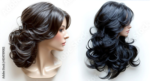 A captivating duo female mannequin head with stylish black hair cascading in a perfectly coiffed wave. photo