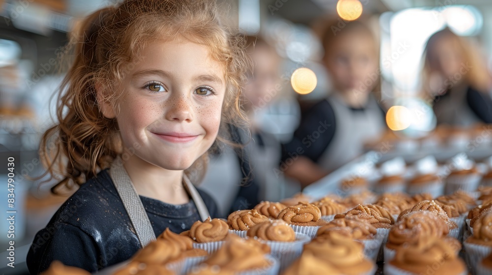 Naklejka premium Children decorating cookies or cupcakes at a baking station.