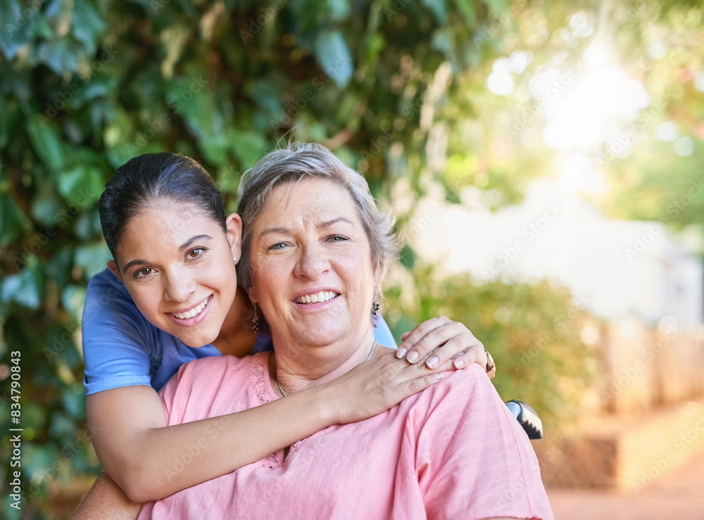 Healthcare, happy and senior woman hugging nurse in portrait for assisted living. Mature, female person with disability and caregiver with wheelchair at retirement home for rehab and support Healthcare, happy and senior woman hugging nurse in portrait for assisted living. Mature, female person with disability and caregiver with wheelchair at retirement home for rehab and support
