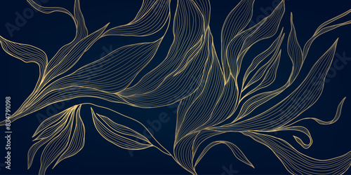 Vector linear golden leaves art deco pattern. Gold line elegant wavy texture, japanese style botanical illustration. Floral plant luxury texture, elegant wallpaper. Vintage decor print