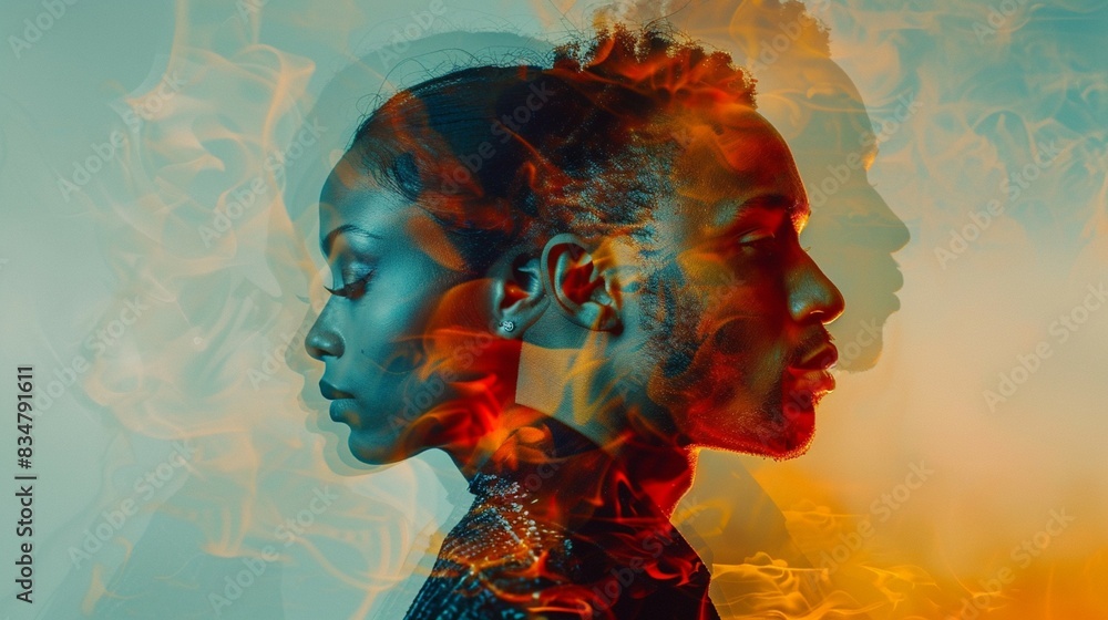 Naklejka premium Photo collage of faces in profile of a young African American man and woman looking in different directions. Couple relationship concept