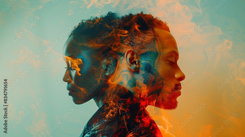 Photo collage of faces in profile of a young African American man and woman looking in different directions. Couple relationship concept Photo collage of faces in profile of a young African American man and woman looking in different directions. Couple relationship concept