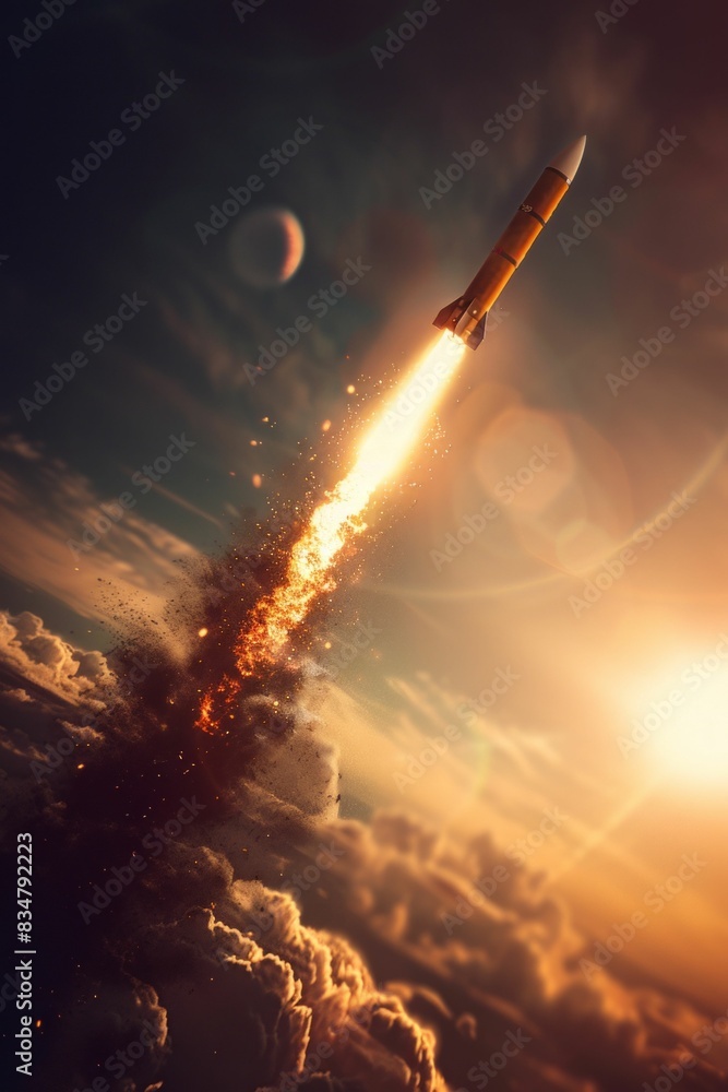 Fototapeta premium Rocket Launching into the Sky at Sunrise. Generative ai