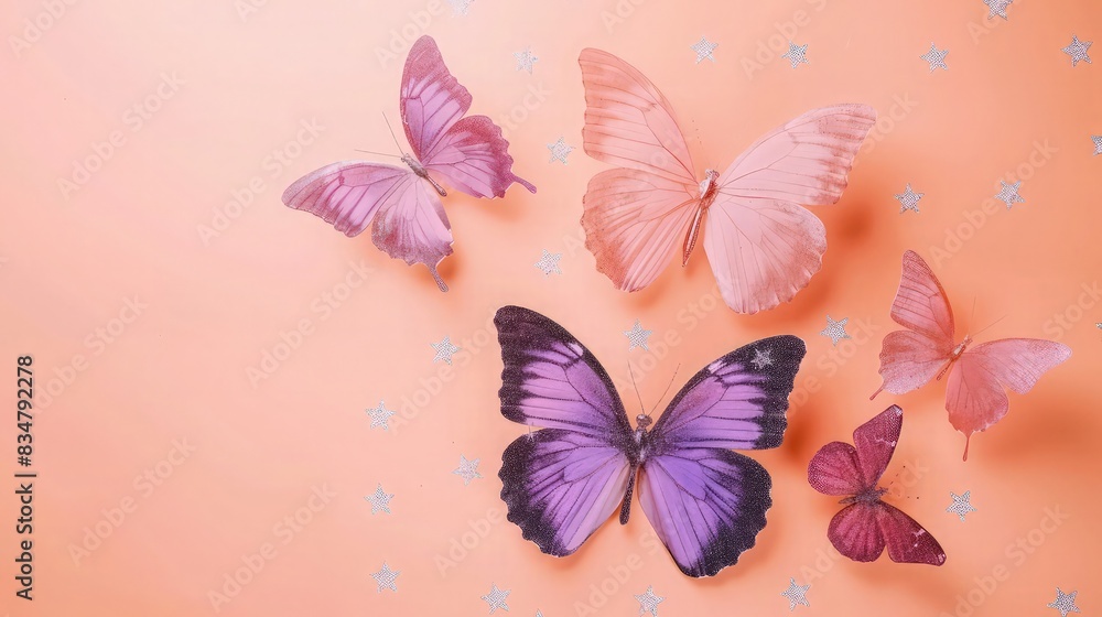 A delicate arrangement of minimalist purple and pink butterflies on a pastel peach background, accented with shimmering white stars, evoking a gentle, soothing vibe. A delicate arrangement of minimalist purple and pink butterflies on a pastel peach background, accented with shimmering white stars, evoking a gentle, soothing vibe.