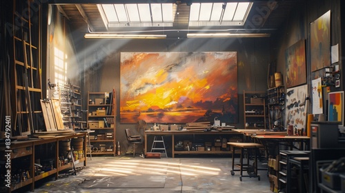An early morning in a Swedish small town workshop, sunlight streaming through skylights, casting warm natural light on mid-century workbenches and vibrant murals of sunrises. photo