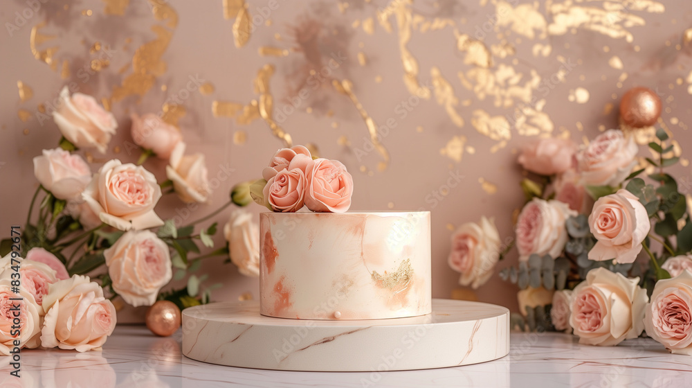 Front view of white podium with and flower in beige background for advertising , abstract content. Pedestal for cosmetic product and packaging mockups display presentation Front view of white podium with and flower in beige background for advertising , abstract content. Pedestal for cosmetic product and packaging mockups display presentation