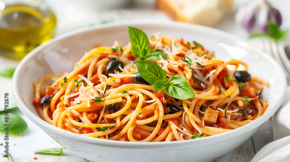 Spaghetti Puttanesca: A robust sauce made with tomatoes, olives, capers, anchovies, garlic, and red pepper flakes. Spaghetti Puttanesca: A robust sauce made with tomatoes, olives, capers, anchovies, garlic, and red pepper flakes.