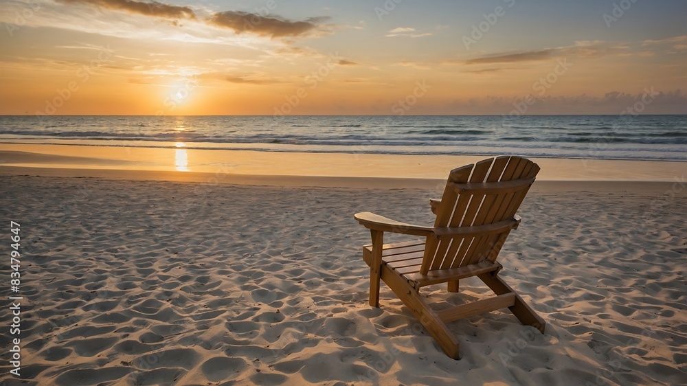 A solitary beach chair facing the ocean at sunrise, inviting relaxation and contemplation A solitary beach chair facing the ocean at sunrise, inviting relaxation and contemplation