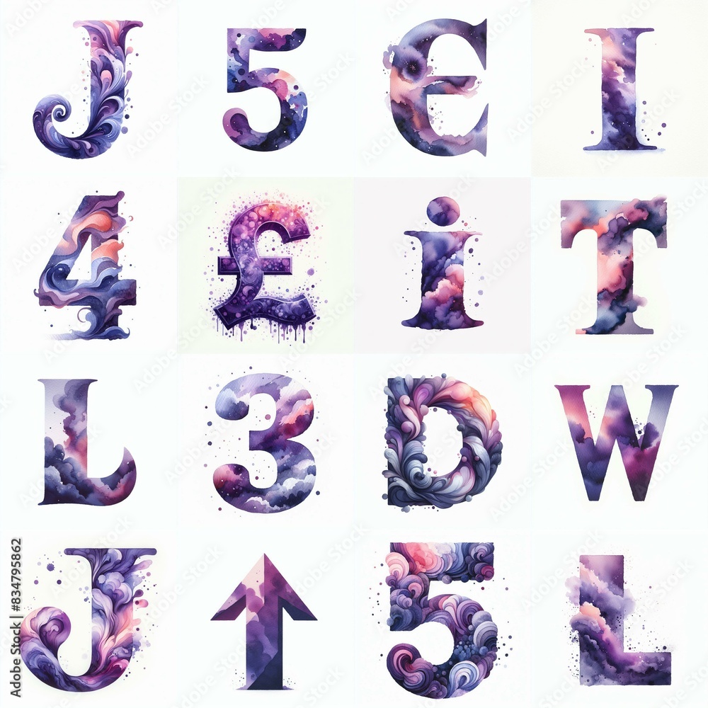Violet watercolor Lettering Typeface. AI generated illustration