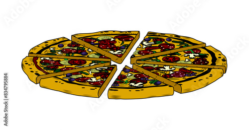 Large round pizza cut into equal parts. Vintage engraving stylized line drawing. Vector illustration. Each piece of pizza is on a separate layer