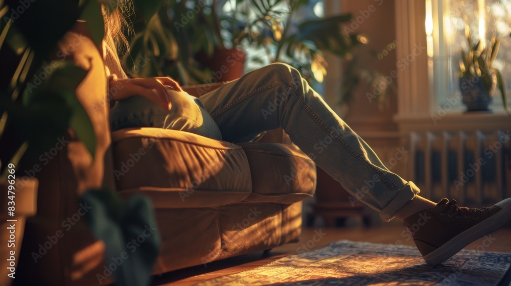 Person relaxing on couch in sunlit room with plants, casual setting Person relaxing on couch in sunlit room with plants, casual setting