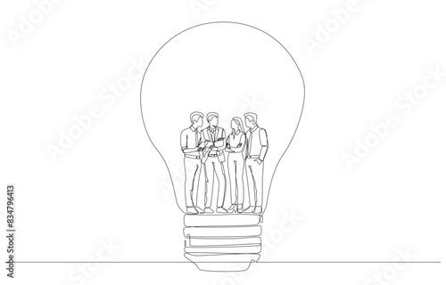 Continuous one line drawing of young businesspeople discussing work inside big light bulb, working under same organizational attitude concept, single line art.