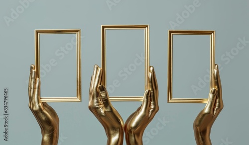 Three hands holding vertical gold frames in front of a green background photo