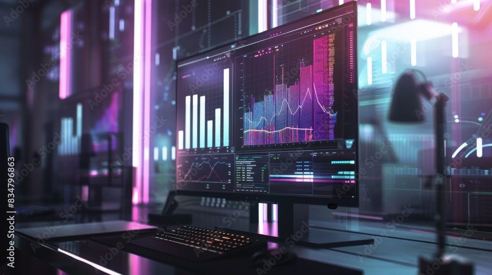 A high-tech workspace featuring multiple monitors displaying financial data and charts, illuminated by vibrant neon lights.
A high-tech workspace featuring multiple monitors displaying financial data and charts, illuminated by vibrant neon lights.