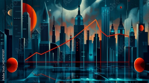 A futuristic cityscape at dusk with a red financial graph overlay, symbolizing urban growth, economic trends, and technological advancement. 