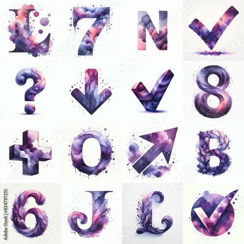 Violet watercolor Lettering Typeface. AI generated illustration