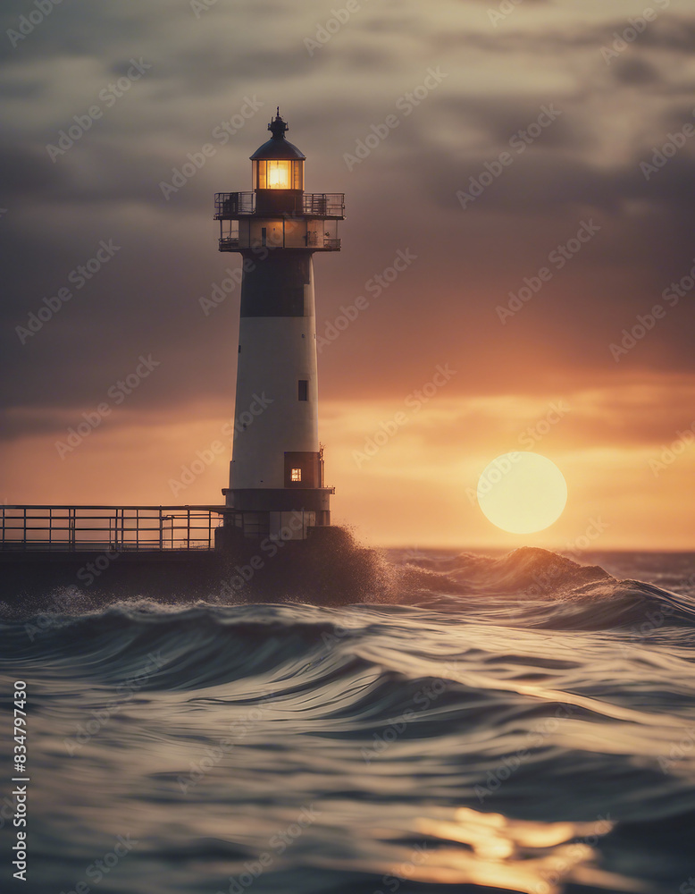 lighthouse in the middle of the sea, sunset colors and little wavy sea
lighthouse in the middle of the sea, sunset colors and little wavy sea