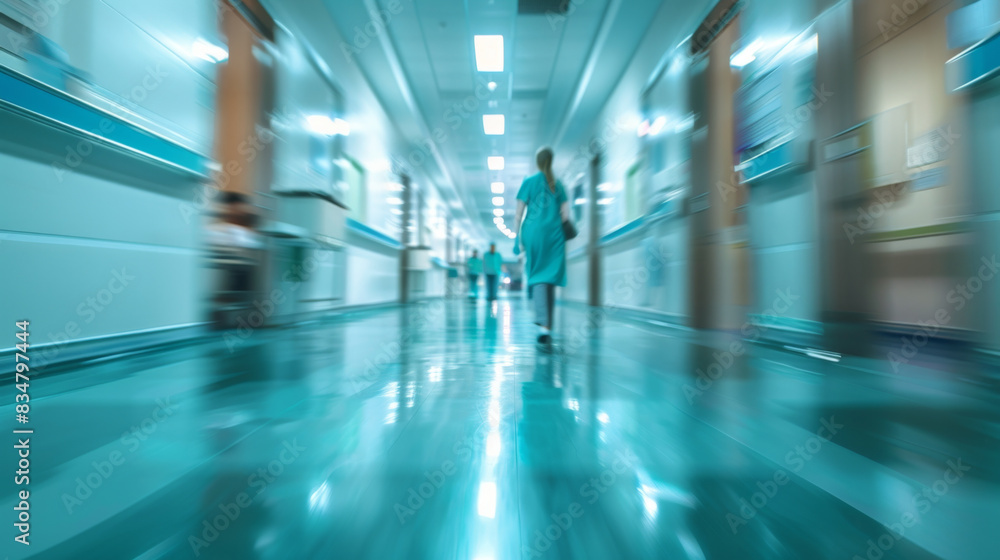 Dynamic hospital corridor with doctor and patient in motion blur. Dynamic hospital corridor with doctor and patient in motion blur.