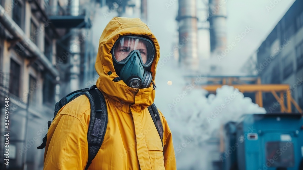 He is wearing a gas mask and he is in a hazardous environment He is wearing a gas mask and he is in a hazardous environment