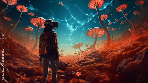 young person with vr headset on marvelling at landscape of a magical mushroom planet