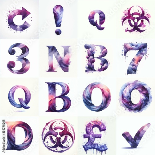 Violet watercolor Lettering Typeface. AI generated illustration