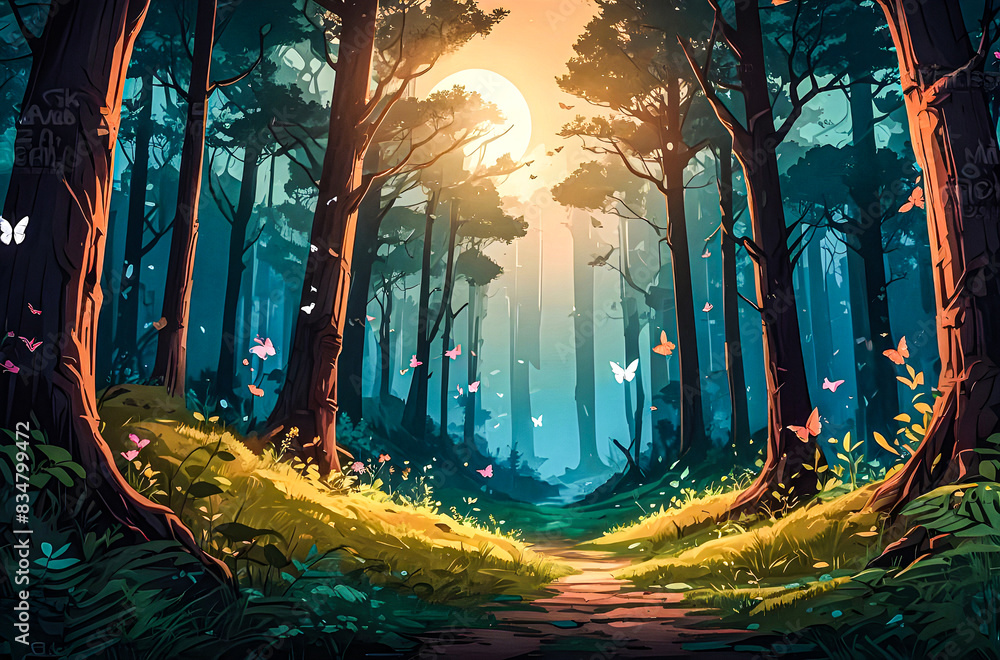 A magical forest clearing with tall, ancient trees, glowing butterflies fluttering around, and a soft, ethereal light illuminating the scene, vector art illustration generative AI.
