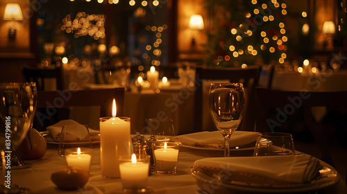 A restaurant setting with dim lighting