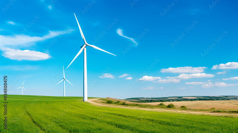 Two wind turbines are in a beautiful landscape Two wind turbines are in a beautiful landscape
