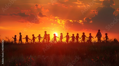 Silhouette of a group of refugee kids worshiping and praying, representing hope, freedom, and diversity. Suitable for World Refugee Day and World Kid Day themes.