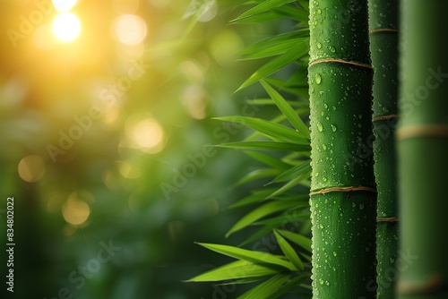 Lush bamboo forest with fresh green leaves and dewdrops  illuminated by soft sunlight. Copy space.