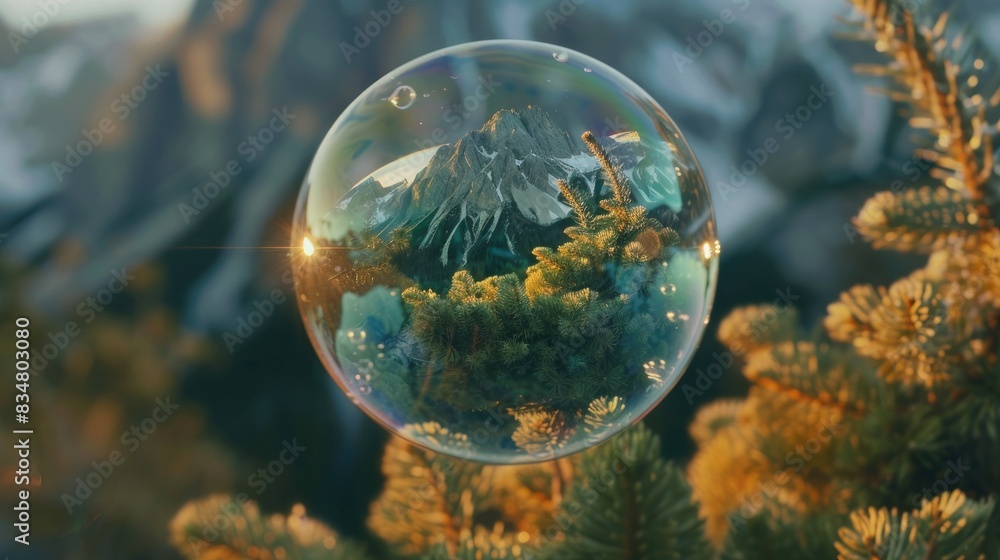 A shiny soap bubble above a spruce tree, which reflects the stunning landscape of a snow-capped mountain and forest A shiny soap bubble above a spruce tree, which reflects the stunning landscape of a snow-capped mountain and forest